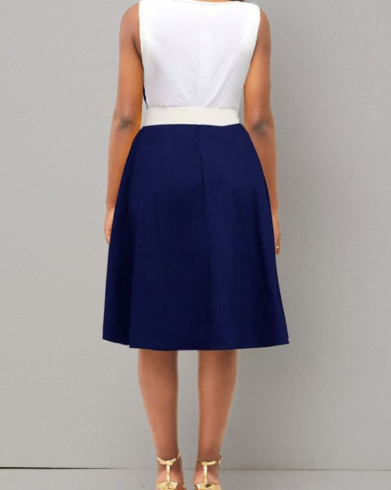 Color Block Bowknot Faux Two Piece High Waist Dress